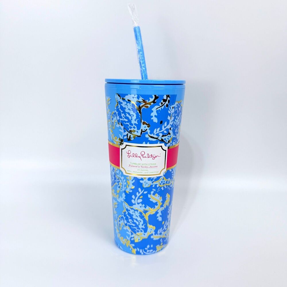 NEW Lilly Pulitzer Tumbler 24 Oz Blue Gold Turtley Awesome